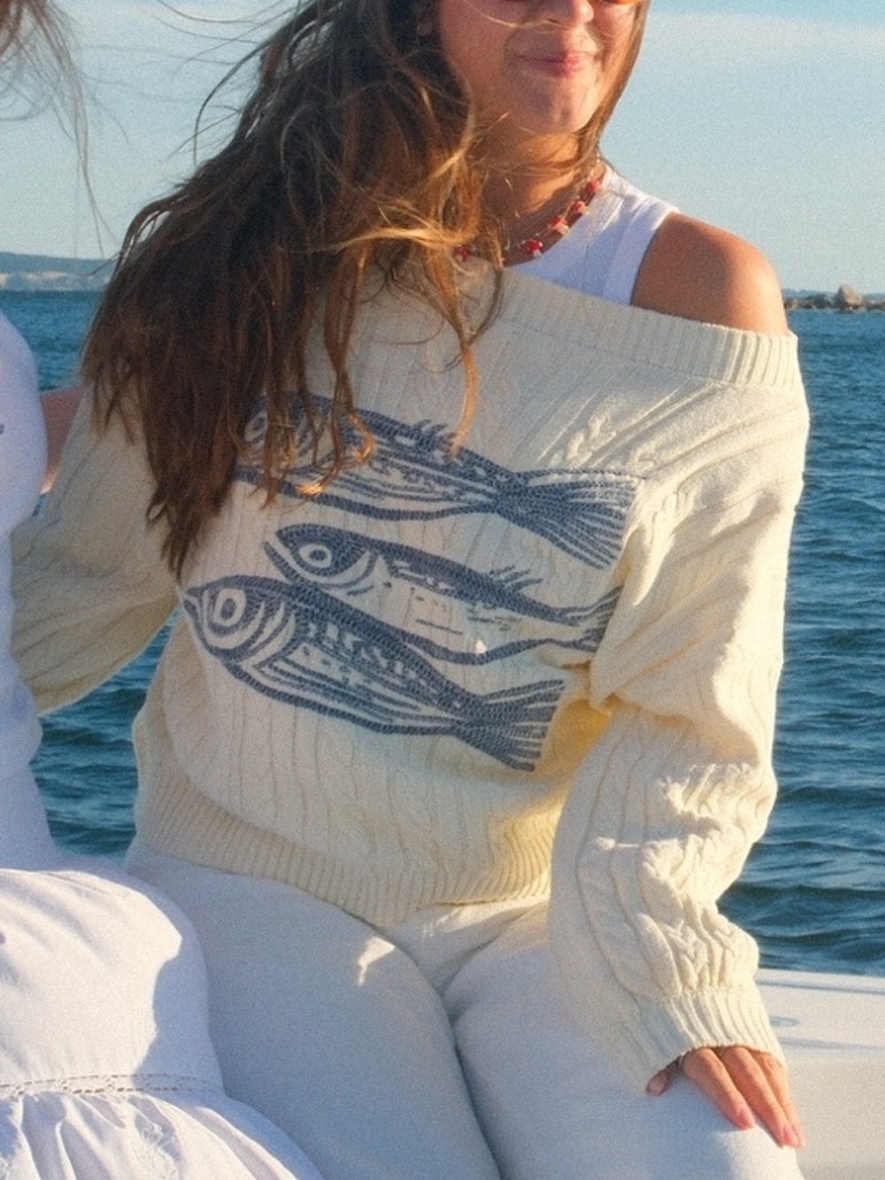 Anthropologie Cream Off-the-Shoulder Fish-Print Sweater